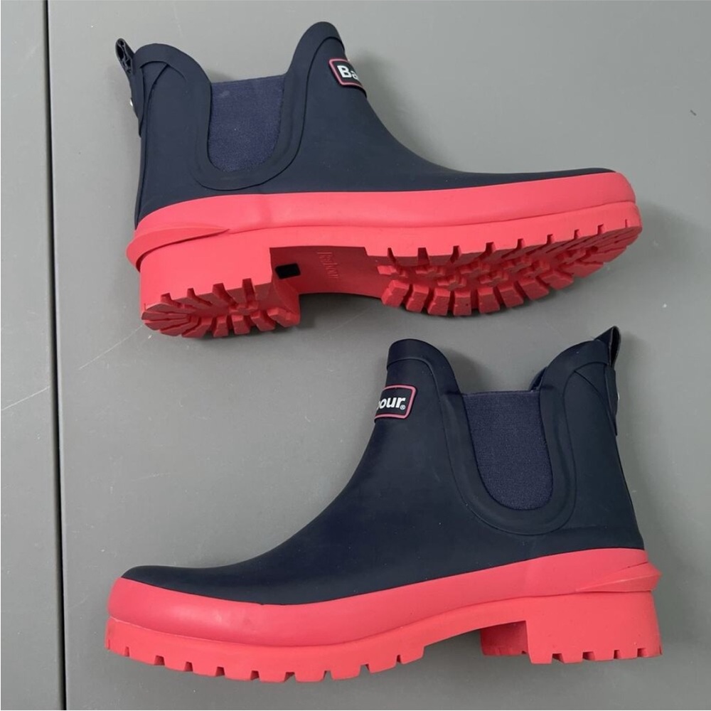 Barbour Wilton Chelsea Boot US 7 Uk 5 Navy Pink Rain Waterproof Welly Shoes